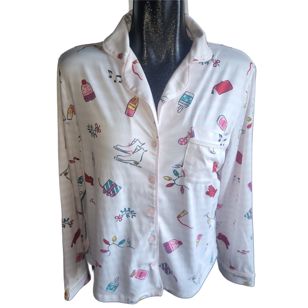 Kate Spade Pink and White Striped Holiday Print Winter Pajama Set S